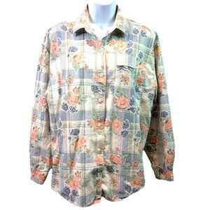Vtg Womens Shirt Button Up Pastel Plaid Floral Cottagecore 100% Cotton Sz L